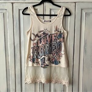 🟠NWT ORIGAMI Tank w/Lace and Rhinestone Detail “Love Rodeo” - Cream SMALL